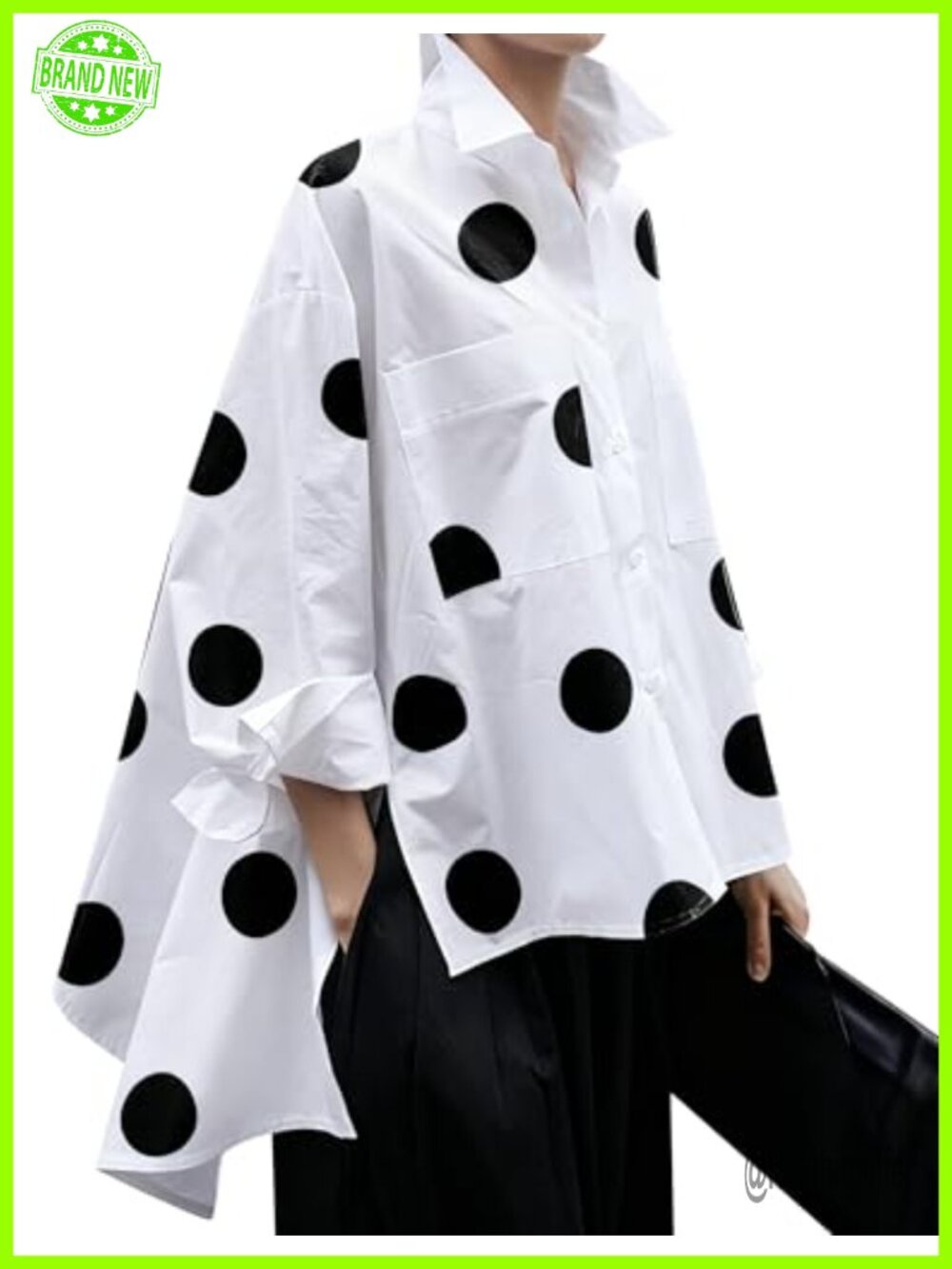 Women's Polka Dot Button Down Blouse Loose Flowy Long Sleeve Tunic Work Top